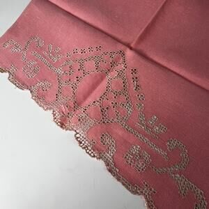 Vtg Pink Tea Towel Embroidered Lace Scrollwork 19x14 Large Table Doily Linens